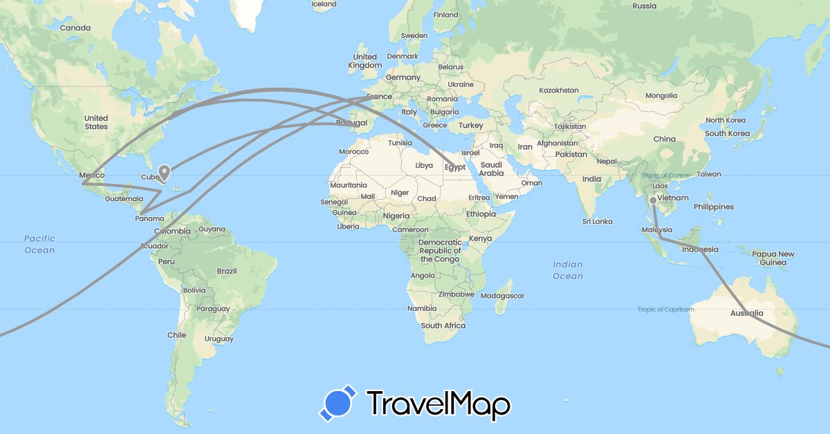 TravelMap itinerary: driving, plane in Australia, Colombia, Costa Rica, Cuba, Egypt, Spain, France, Indonesia, Jamaica, Mexico, Malaysia, Portugal, Singapore, Thailand, United States (Africa, Asia, Europe, North America, Oceania, South America)